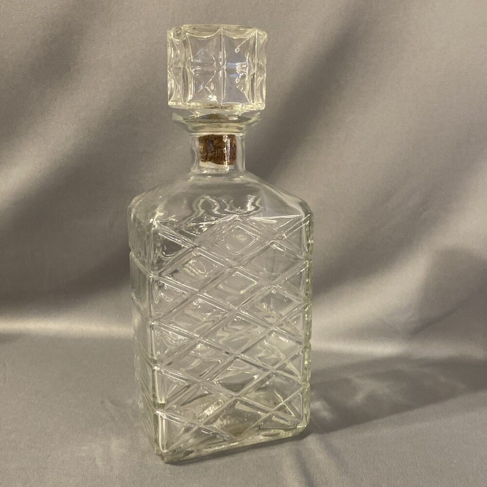 Vintage Cut Glass Decanter Liquor Whiskey with Stopper – Diamond Pattern 9”